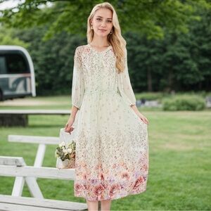 Women's Silk Floral Dress Sheer Sleeve For Wedding Guest Real Silk Life L-XL SK2